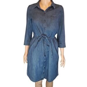 Lands’ End Chambray Shirt Dress Belted Denim Blue Cotton Size 4 Classic